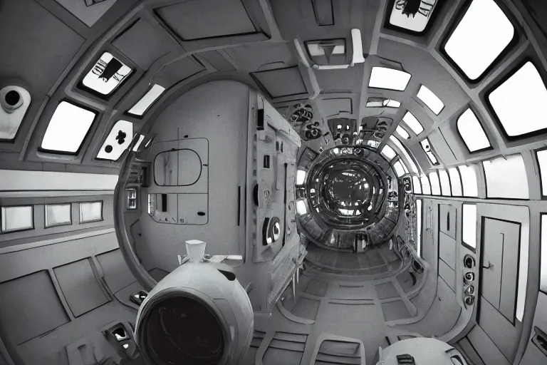 Image similar to small personnel quarters inside rocket ship with gray metallic factory engine walls and small window looking into space, details, sharp focus, intricate, high definition, movie set, retro, 1970s, 1980s, sci-fi, digital Art, 3D, realistic photograph, lucasfilm, stanely kubrick