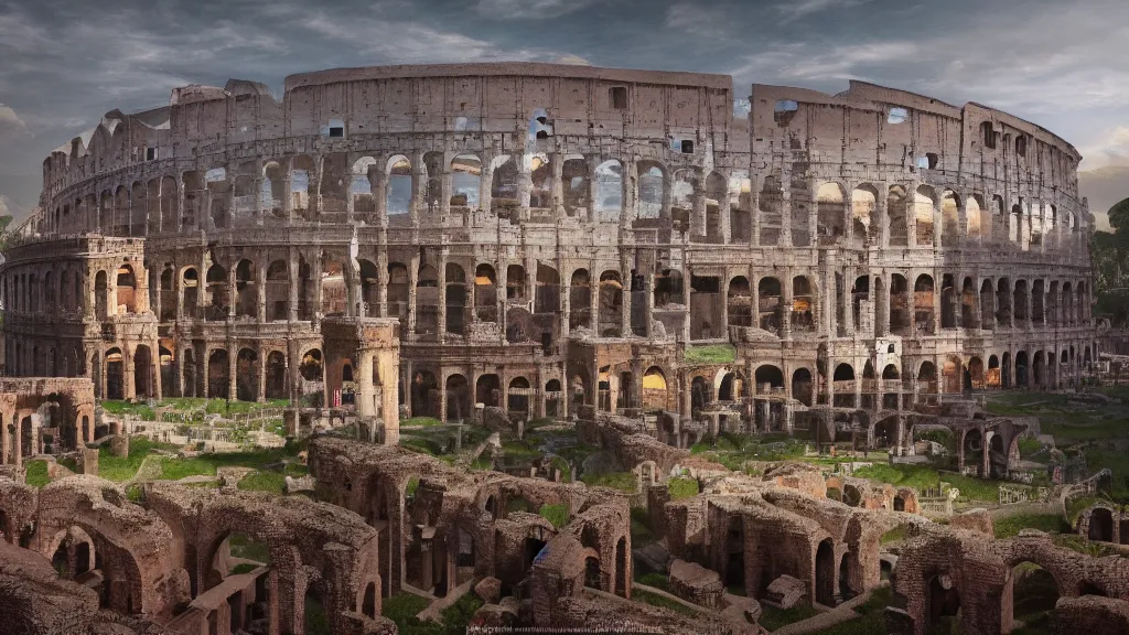 Prompt: fully built roman colosseum far away with many large roman buildings and roman roads surrounding it, volumetric lighting, beautiful scenery, hd, hdr, cinematic 4 k wallpaper, 8 k, detailed, high resolution, artstation, early medieval, roman, colosseum, in the style of marc simonetti