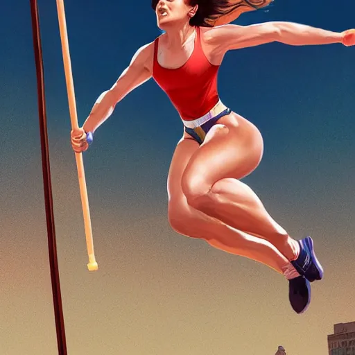 Image similar to Mariska Hargitay pole vaulting at a track and field event by Stanley Artgerm Lau, WLOP, Rossdraws, Frank Frazetta, Andrei Riabovitchev, Marc Simonetti, trending on artstation.