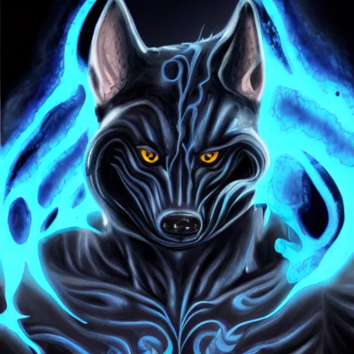 Prompt: male human - husky - hybrid, infected by the venom - symbiote, breathing blue fire, gooey, latex, claws, fangs, marvel, digital art, concept art, highly detailed, 8 k hd, d & d, trending on artstation