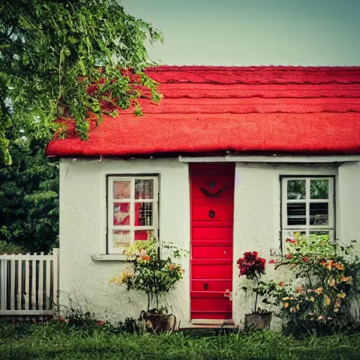 Prompt: small cottage with red shutters, photography, dreamy, summer