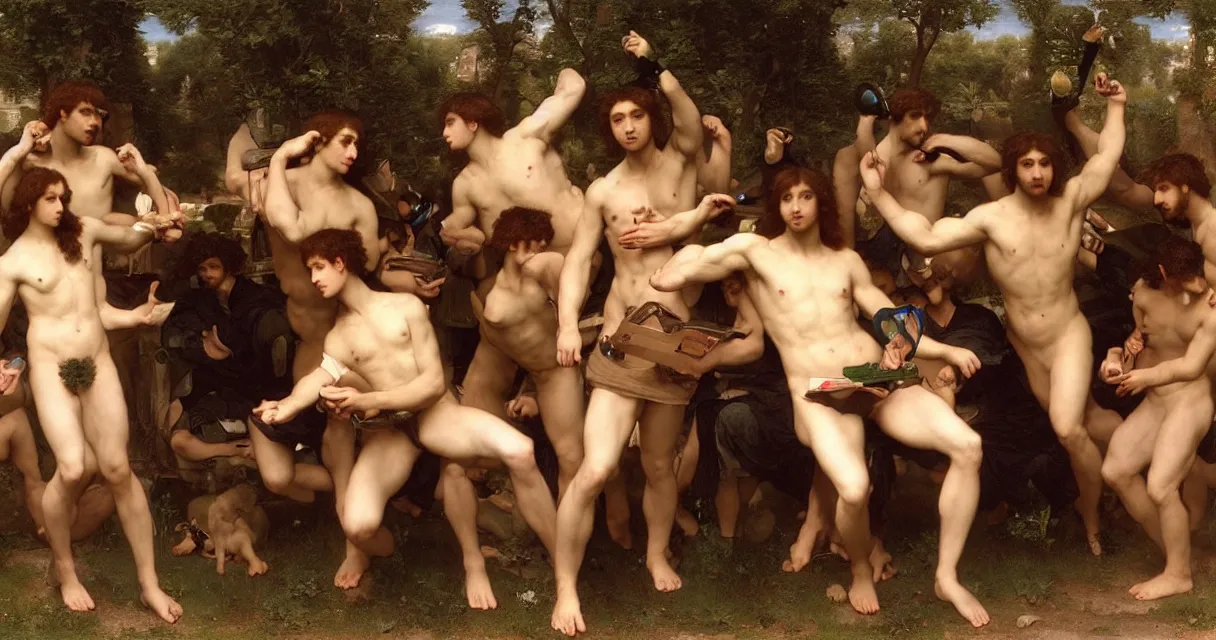 Image similar to large group of pre-Raphaelite muscular athletic male gamers wearing headsets holding laptops playstation5 x-box and PC by Bouguereau and raphael