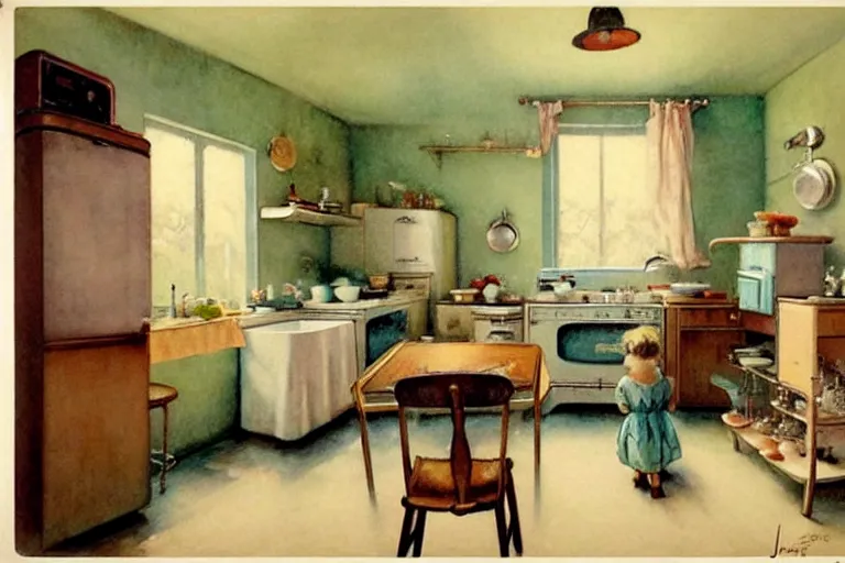 Prompt: ( ( ( ( ( 1 9 5 0 s retro kitchen interior scene. muted colors. ) ) ) ) ) by jean - baptiste monge!!!!!!!!!!!!!!!!!!!!!!!!!!!!!!