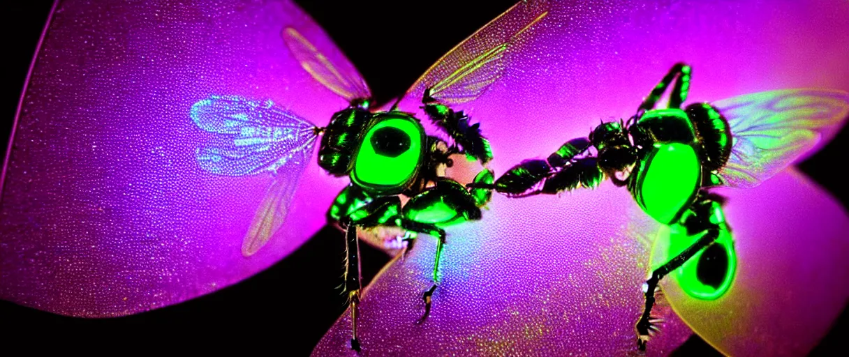 Image similar to high quality photo glowy iridescent cyborg fly! jeweled very beautiful! highly detailed digital art david ligare elson peter cinematic purple neon lighting high quality low angle hd 8k sharp shallow depth of field