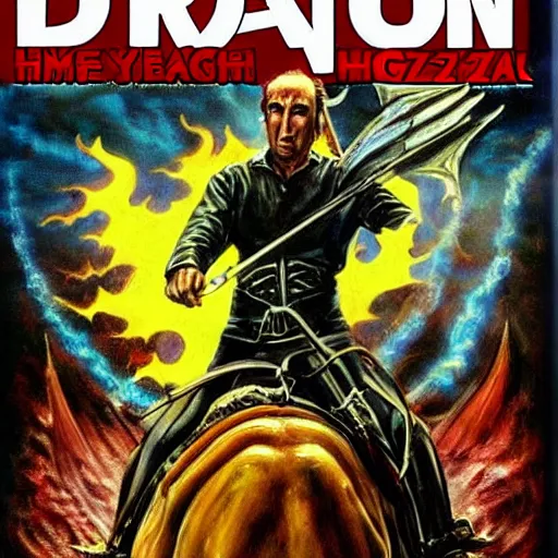 Image similar to heroic painting of Saul Goodman riding a dragon as the cover of a Heavy Metal magazine from the 1980s