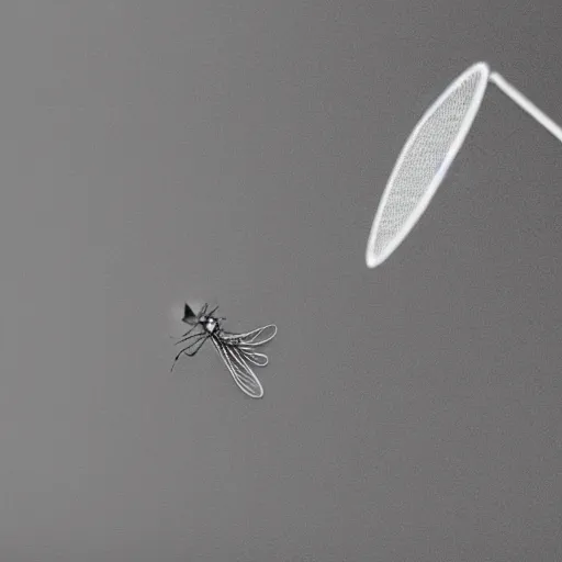 Image similar to hyperrealism perspective of a housefly getting swatted at from a man with a fly swatter