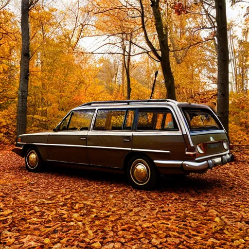 Prompt: station wagon in an autumn forest