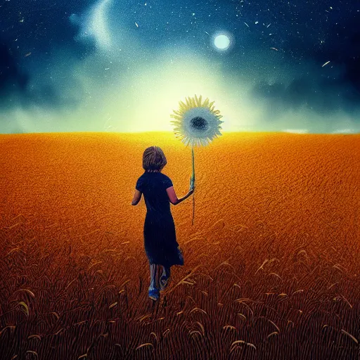 Image similar to giant daisy flowers as a head, girl walking in wheat field, hills, surreal photography, dark night, star trails, impressionist painting, dramatic clouds, digital painting, artstation, simon stalenhag