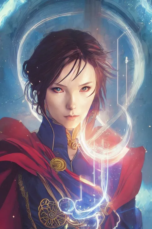 Image similar to anime key visual of a beautiful young female doctor strange, marvel comics, spells, magic, intricate, magical village, stunning, highly detailed, digital painting, artstation, smooth, hard focus, illustration, art by artgerm and greg rutkowski and alphonse mucha