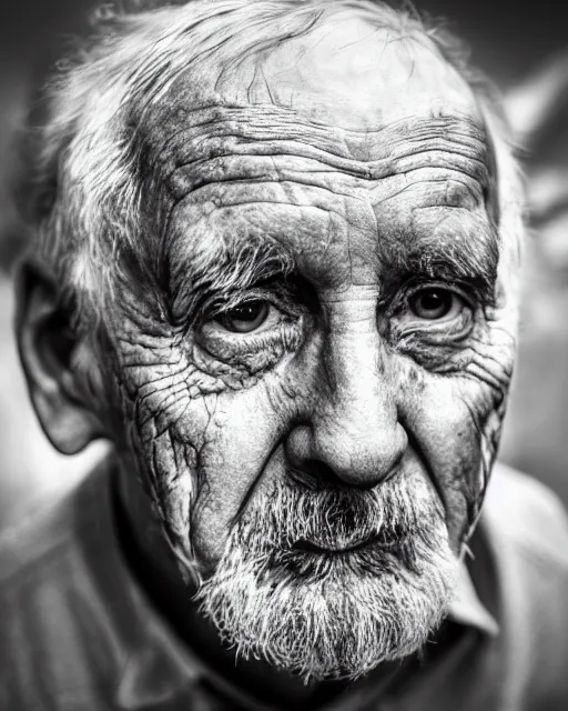 Prompt: hdr monochrome portrait of an old man with a glass eye, intricate, accurate facial details, volumetric lighting
