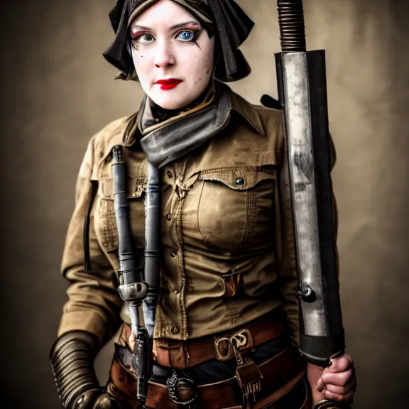 Image similar to full length photo of a very beautiful female dieselpunk warrior, 8 k, hdr, smooth, sharp focus, high resolution, award - winning photo