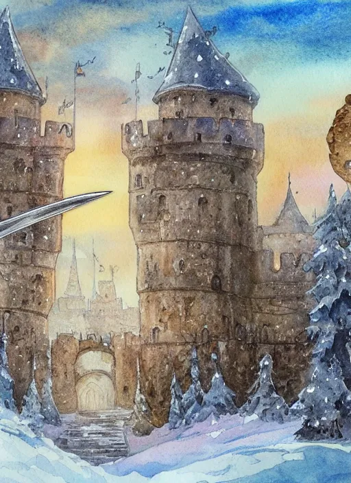 Prompt: a sword stuck in the ground, there is a huge and intricate castle in the distance, fantasy, muted colors, snow, trees, watercolor