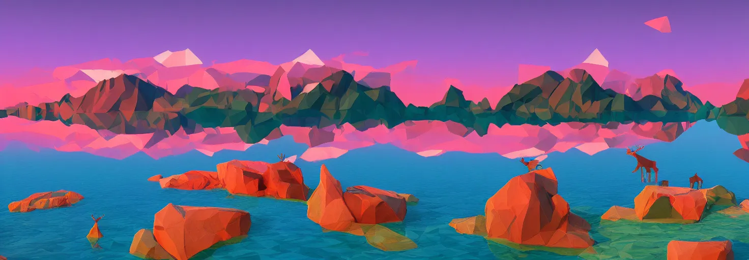 Image similar to super detailed color lowpoly art, northern sunset with rocks on front, lake in the middle of perspective and mountains at background, graphic reindeers in random points, unreal engine, david hockney color palette, 3d render, lowpoly, colorful, digital art