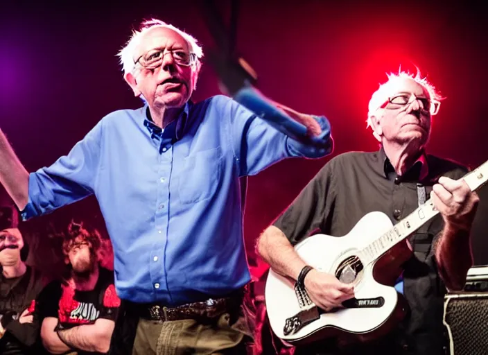 Image similar to publicity photo still of bernie sanders in a punk band playing live on stage, 8 k, live concert lighting, mid shot