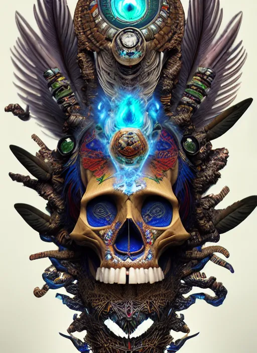 Image similar to 3 d shaman with tattoos profile portrait, sigma 5 0 0 mm f / 5. beautiful intricate highly detailed quetzalcoatl skull and feathers. bioluminescent, plasma, lava, ice, water, wind, creature, thunderstorm! artwork by tooth wu and wlop and beeple and greg rutkowski, 8 k trending on artstation,