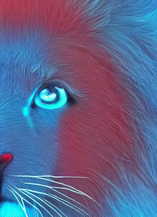 Image similar to a close up of a red lion's face with blue eyes, an album cover by jacob toorenvliet, featured on behance, cubo - futurism, rendered in cinema 4 d, sketchfab, rendered in maya, red shift, synthwave, by enguerrand quarton, by alesso baldovinetti, 3 d render, holography,