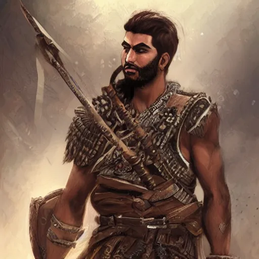 Image similar to kurdish male warrior, highly detailed, digital painting, artstation, concept art, sharp focus, illustration, incredibly strong and handsome