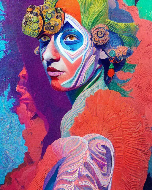 Image similar to a beautiful girl wearing colourful face paint surrounded by bright intricate patterns, painted by edward hopper, wayne barlowe, painted by james gilleard, airbrush, art by jamesjean