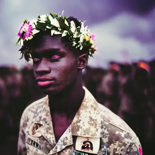 Prompt: close up kodak portra 4 0 0 photograph of a futuristic soldier after the battle standing in dark forestin crowd, flower crown, moody lighting, telephoto, 9 0 s vibe, blurry background, vaporwave colors, faded