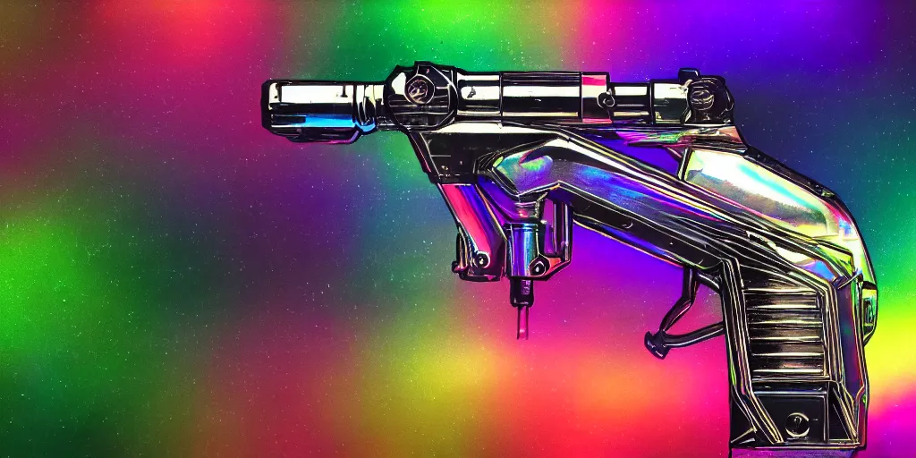 Image similar to unstable exotic matter powered sci - fi ray - gun concept, well defined mechanical features, triadic chrome shading, iridescent pastel liquid energy tank, dark background, softglow, sharp focus, full device, vintage style, charcoal and champagne