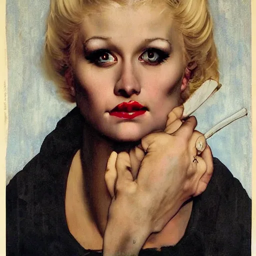 Prompt: beautiful blonde female VAMPIRE portrait, norman rockwell, craig mulins, trending on pxiv, scary