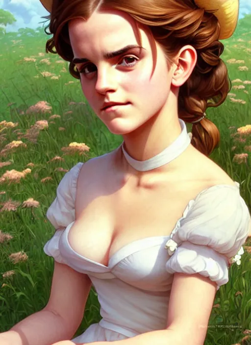 Prompt: cute buxom emma watson milkmaid, natural lighting, path traced, highly detailed, high quality, digital painting, by don bluth and ross tran and studio ghibli and alphonse mucha, artgerm