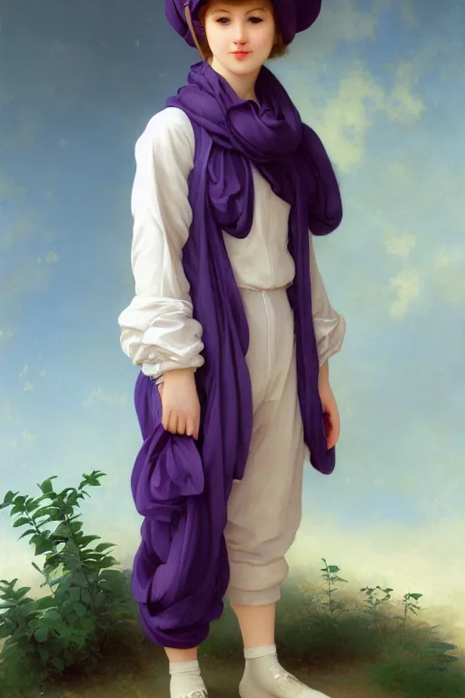 Prompt: Full View girl with short blond hair wearing an oversized purple Beret, Baggy Purple overall shorts, Short Puffy pants made of silk, silk shoes, a big billowy scarf, Golden Ribbon, and white leggings Covered in stars. Short Hair. masterpiece 4k digital illustration by Ruan Jia and Mandy Jurgens and Artgerm and william-adolphe bouguereau, award winning, Artstation, art nouveau aesthetic, Alphonse Mucha background, intricate details, realistic, panoramic view, Hyperdetailed, 8k resolution, intricate art nouveau