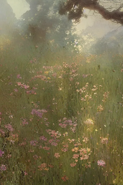 Image similar to an intricate artistic painting of a beautiful wallpaper art pattern made of elegant meadows with painterly motives and textures, hyper detailed, octane render, vivid colors, artstation, by jeremy mann, by alphonse mucha