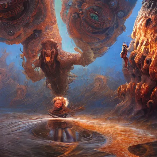 Prompt: men and women in expansive clothes changing their heads, fluid materia of reality splashes, mid shot, extremely high details quality, surrealism, bao phan, viktor safonkin, bruce pennington, larry elmore, intricate, hyperrealistic oil painting on canvas, deep depth field, hd, hdr, 4 k, 8 k