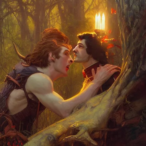 Image similar to attractive male fairy of the forest confesses his love to attractive male dracula the vampire. highly detailed painting by gaston bussiere, craig mullins, j. c. leyendecker 8 k