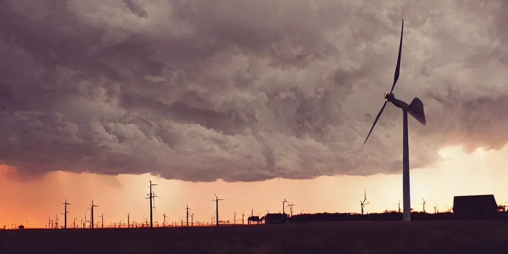 Image similar to photo of a stormy west texas sunset, perfect rustic ( ( wind turbine ) ), film photography, lightning, golden hour, high quality, beautiful!!!