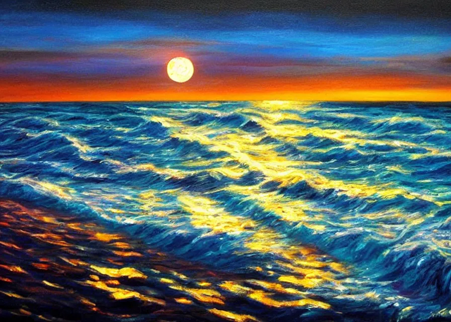 Image similar to beautiful night ocean in moonlight, colorful oil painting