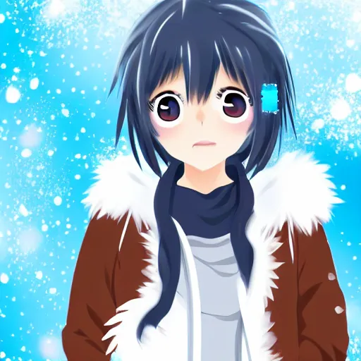 Prompt: an anime character in eskimo style clothing, wintery backround, ice, icy, cold, brown hair, female, smiling, anime style, warm clothing, vibrant, detailed