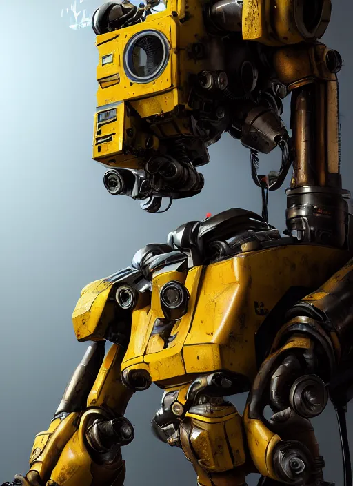 Image similar to a photorealistic dramatic hyperrealistic render of a futuristic exosuit power loader heavy machinery, ultra realistic details, glossy yellow, well worn, rust, oil stains by vitaly bulgarov and mike nash, beautiful dramatic dark moody tones and lighting, cinematic atmosphere, studio lighting, global illumination, shadows, dark background, octane render, 8 k