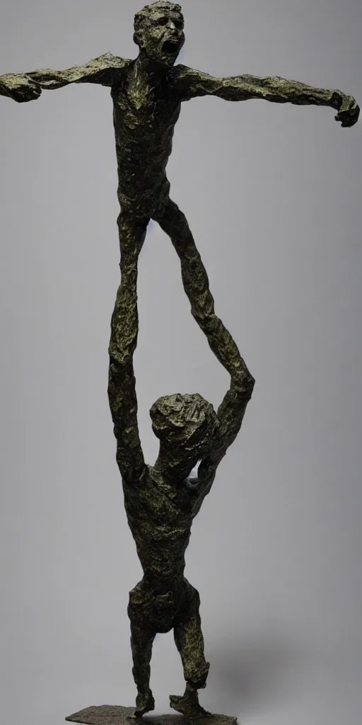 Image similar to sculpture of a cowering man, in the style of alberto giacometti