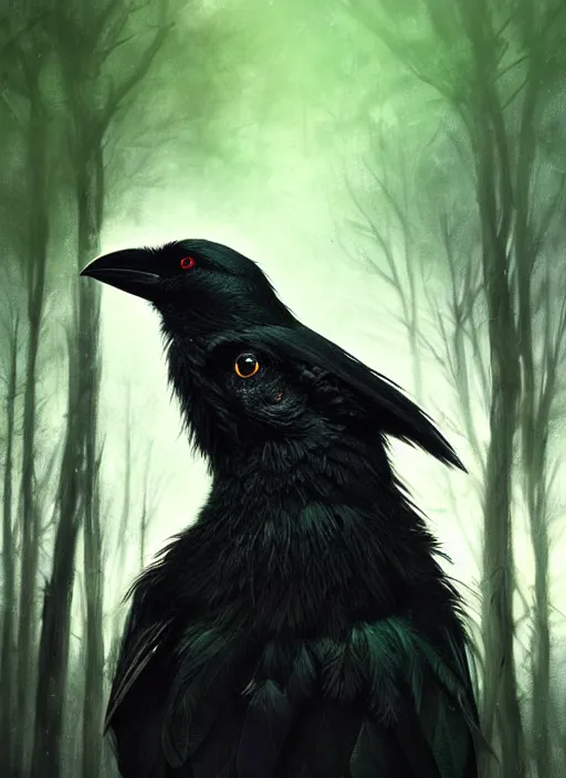 Image similar to side portrait dark crow (animal), close-up, fantasy forest landscape, moonshine, fantasy magic, nice black feather, proud, green dark light night, intricate, elegant, sharp focus, illustration, highly detailed, digital painting, concept art, matte, art by WLOP and Artgerm and Greg Rutkowski and Alphonse Mucha, masterpiece