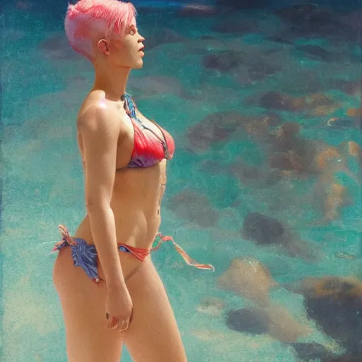 Image similar to halsey in a bikini, 8 k octane beautifully detailed render, post - processing, extremely hyper - detailed, intricate, epic composition, cinematic lighting, masterpiece, trending on artstation, masterpiece, stunning art by anders zorn, wonderful masterpiece by greg rutkowski, beautiful cinematic