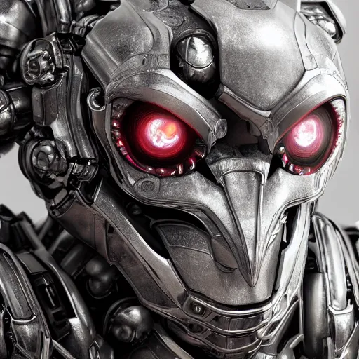 Image similar to Ultra-detailed cinematic render of a macro mecha cyborg face, cyborg eyes, metalic reflection, intricate details, full body, unreal engine, dragon armor, intricate, octane render, high quality, ornate gems, 8k, by takeshi yoshida, volumetric lighting, person centered composition, trending on art station