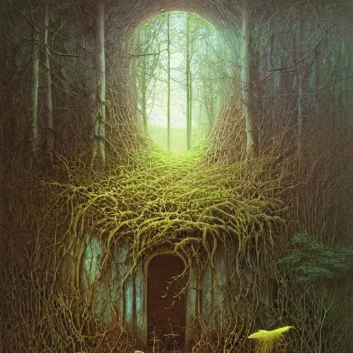 Image similar to small cottage in the forest by zdzisław beksinski, marco mazzoni, peter gric, oil on canvas, highly detailed, whimsical, fantasy