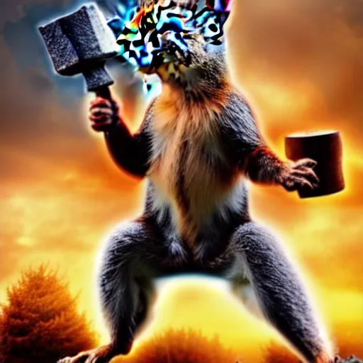 Image similar to the squirrel thor ~ holding his hammer ~ dramatic thunder background ~ fighting scene ~