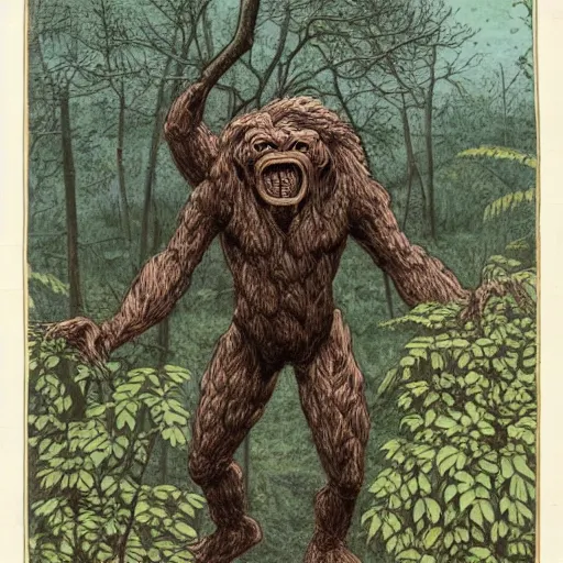 Image similar to a humanoid monster emerging from the shrubs