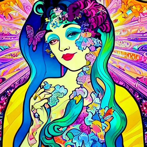 Prompt: how to get high, painted by lisa frank and alfons mucha