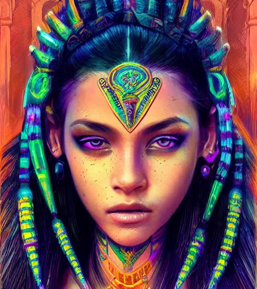 Image similar to beautiful intricate exquisite mayan princess realistic face, beautiful eyes, neon colors, drawing, in the style of greg rutkowski, fantasy, amazing detail, epic, intricate, elegant, smooth, sharp focus