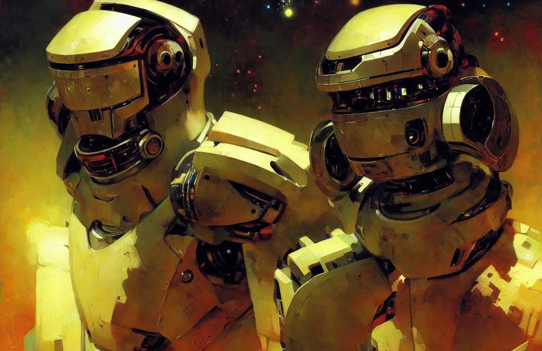 Image similar to portrait of futuristic space robot!!!!!!!!!!!!!!!!!!!!!!!!!!!, detailed face, detailed painting, epic lighting, by ilya repin, phil hale and kent williams