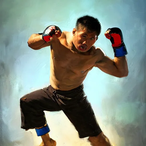 Image similar to greg manchess portrait of a filipino mma fighter looking shocked as he drops his sword, profile picture, organic painting, sunny day, matte painting, bold shapes, hard edges, street art, trending on artstation, by huang guangjian, gil elvgren, ruan jia, randy vargas, greg rutkowski