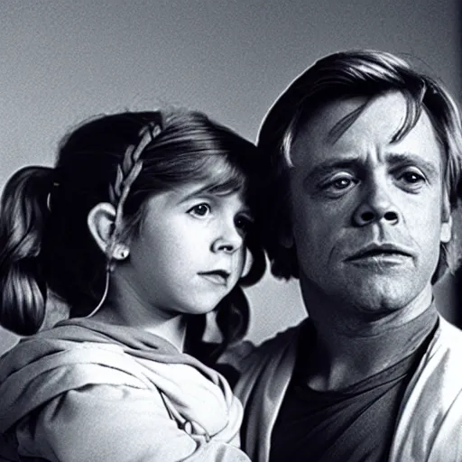 Image similar to film still of carrie fisher and mark hamill as children in new star wars movie, dramatic lighting, highly detailed face, kodak film, wide angle shot,