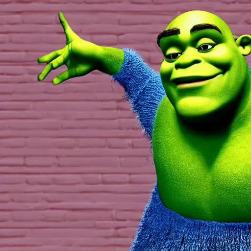 Image similar to shrek if he as a full - body puppet costume on sesame street