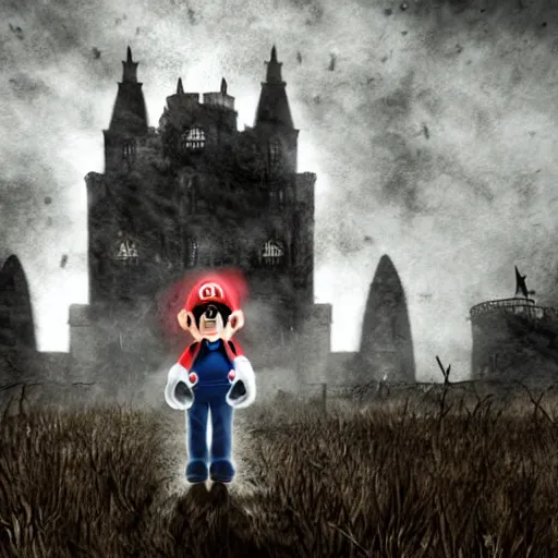 Prompt: mario in a ruined kingdom, resident evil, gothic horror, silent hill, occult, terror, mist