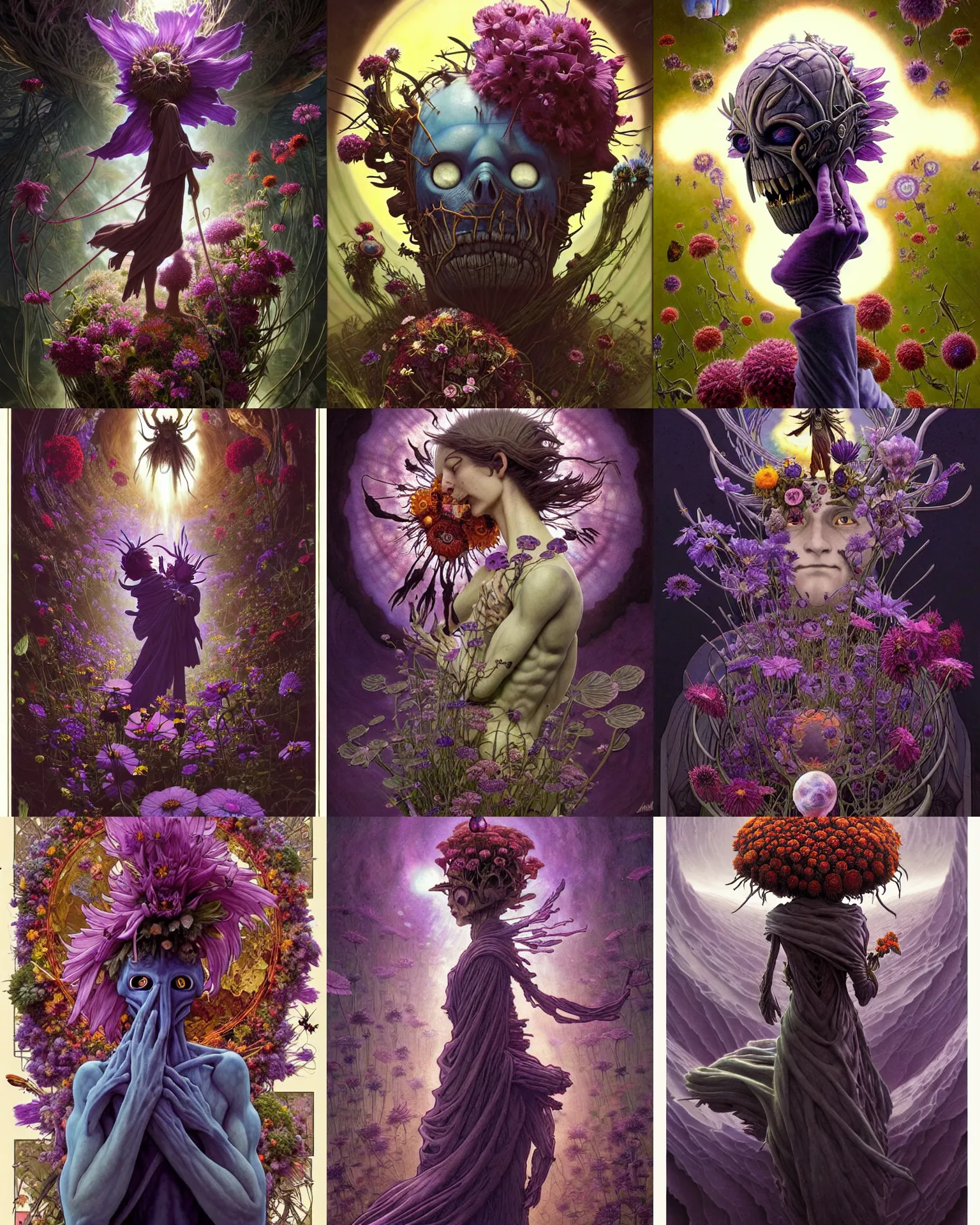 Prompt: the platonic ideal of flowers, howl's moving castle, insects and dmt cletus kasady ultimate carnage thanos dementor wild hunt doctor manhattan chtulu nazgul mandelbulb davinci, d & d, fantasy, ego death, detailed, intricate, hyperrealism, intense, scary, decay, art by artgerm and greg rutkowski and alphonse mucha