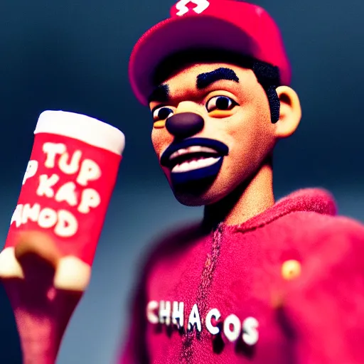 Image similar to a cinematic film still of a claymation stop motion film starring chance the rapper as a college student, shallow depth of field, 8 0 mm, f 1. 8